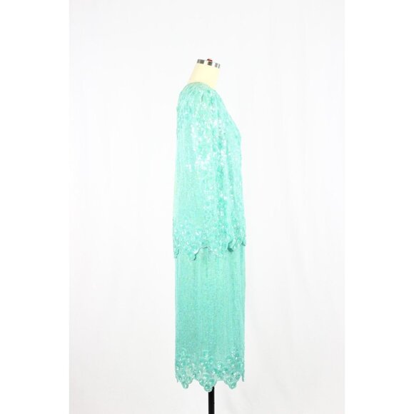 Vintage 90's SAKS FIFTH AVENUE Turquoise Beaded Sequin Blouse Skirt Set, Size M - Picture 2 of 16